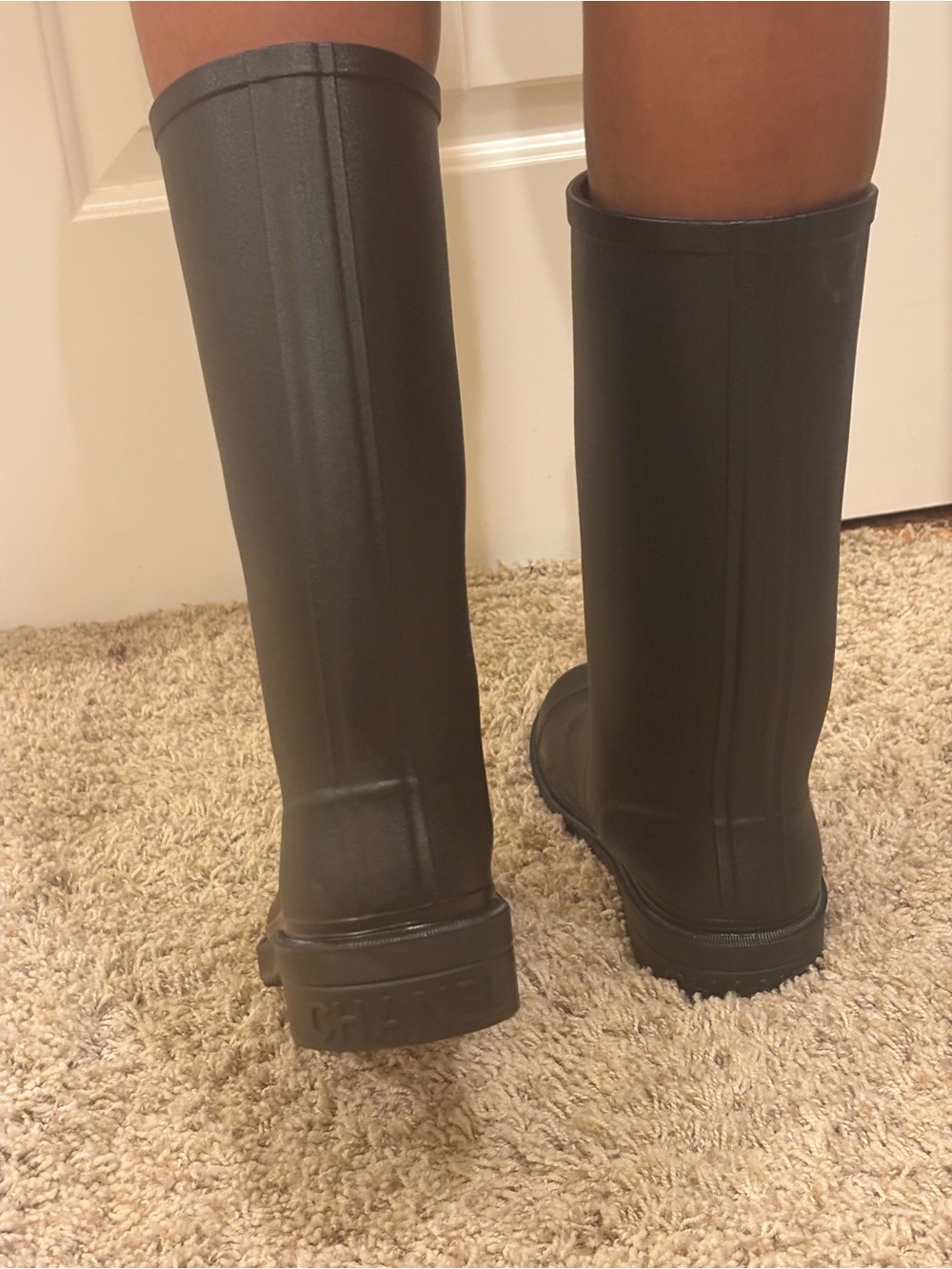 CHANEL Black Knee-High Rain Boots with White Logo - Picture 4 of 5